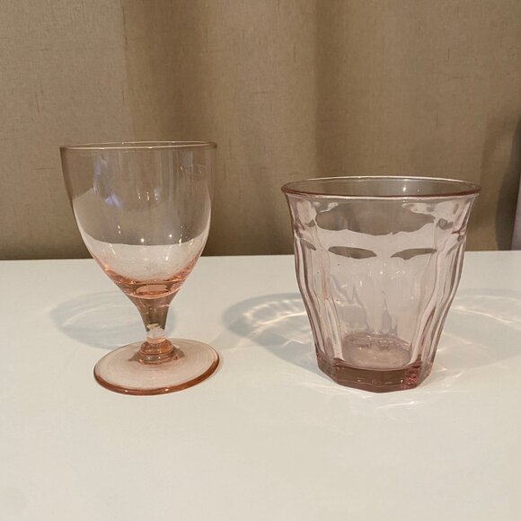 Set of 2 Pink Glassware – Stemmed Goblet & Faceted Tumbler Vintage‎ Look - Picture 2 of 4